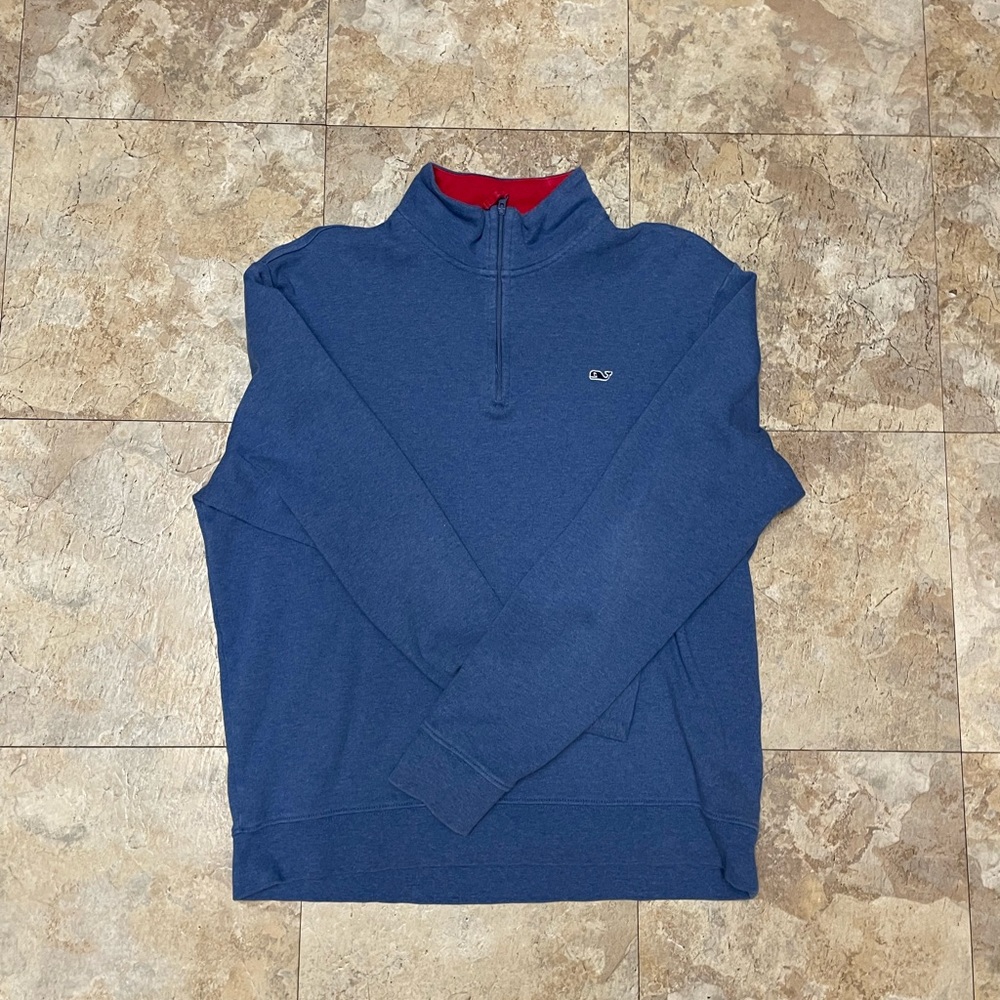 Vineyard, vines, blue, quarter zip red accent